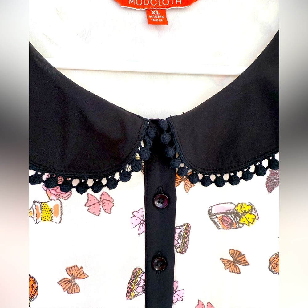 ModCloth Perfume Bottle Pleated Dress black collar trimmed with Pom poms - Picture 7 of 8